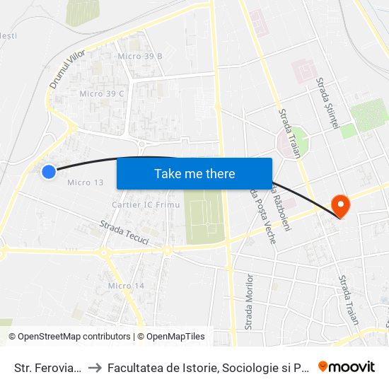 Str. Feroviarilor to Facultatea de Istorie, Sociologie si Psihologie map