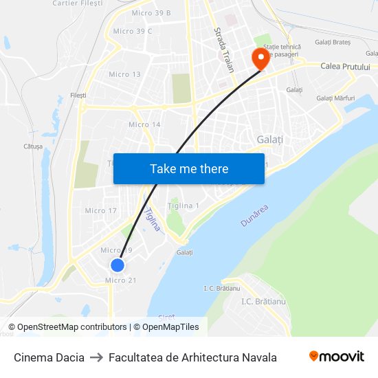 Cinema Dacia to Facultatea de Arhitectura Navala map