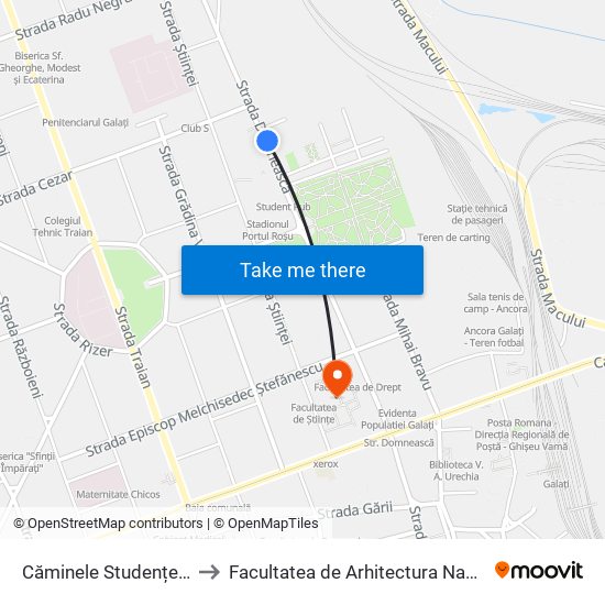 Căminele Studențești to Facultatea de Arhitectura Navala map