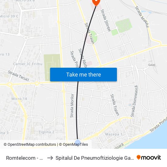 Romtelecom - Bănci to Spitalul De Pneumoftiziologie Galați, Tbc map