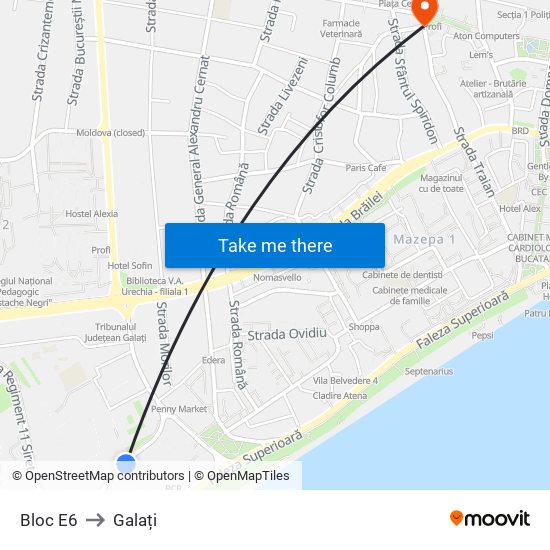 Bloc E6 to Galați map