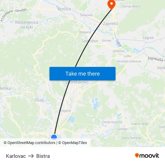 Karlovac to Bistra map