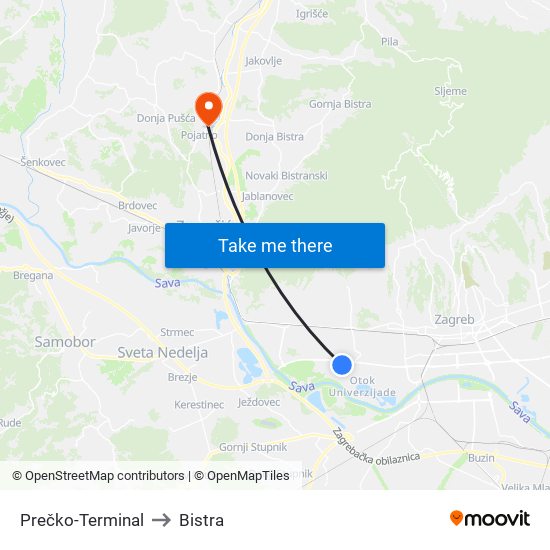 Prečko-Terminal to Bistra map
