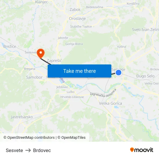 Sesvete to Brdovec map