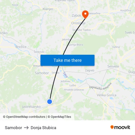 Samobor to Donja Stubica map