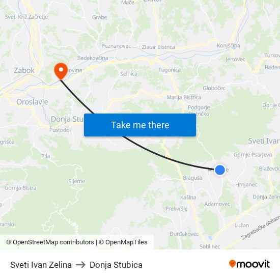 Sveti Ivan Zelina to Donja Stubica map
