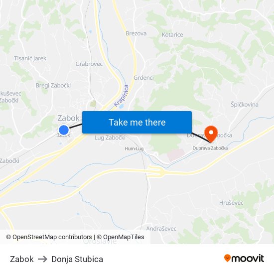 Zabok to Donja Stubica map