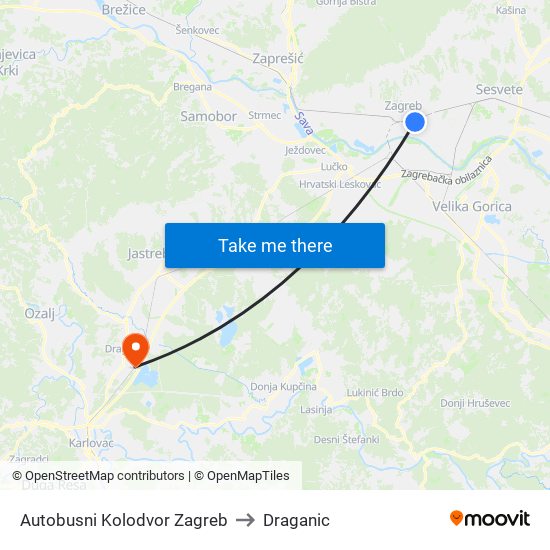 Autobusni Kolodvor Zagreb to Draganic map