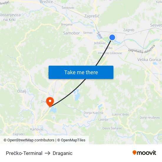 Prečko-Terminal to Draganic map