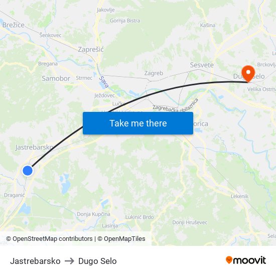 Jastrebarsko to Dugo Selo map