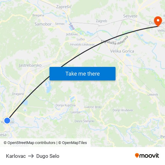 Karlovac to Dugo Selo map