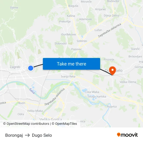 Borongaj to Dugo Selo map