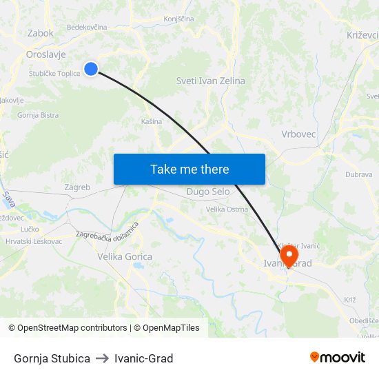 Gornja Stubica to Ivanic-Grad map