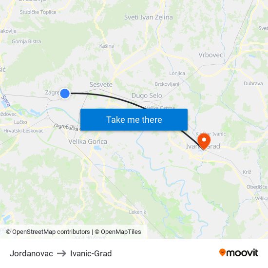 Jordanovac to Ivanic-Grad map