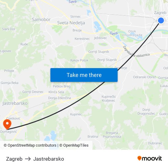 Zagreb to Jastrebarsko map