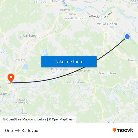 Orle to Karlovac map