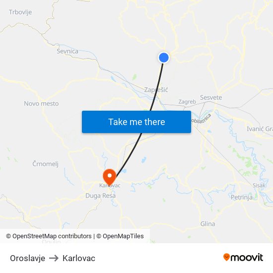 Oroslavje to Karlovac map