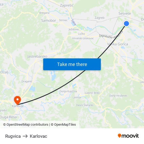 Rugvica to Karlovac map