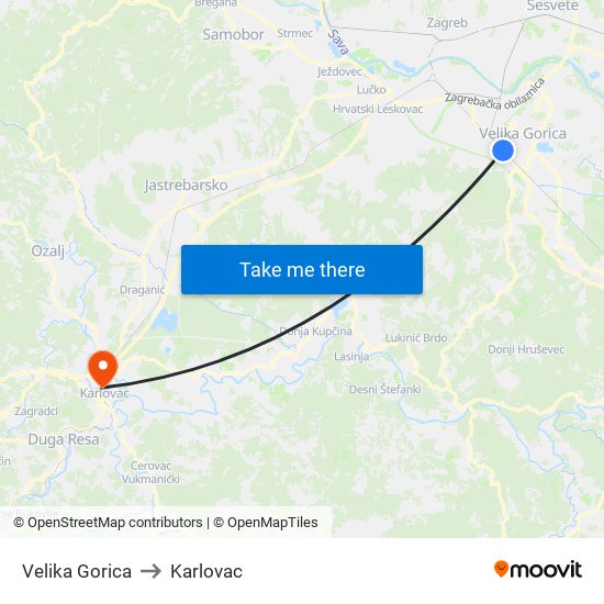 Velika Gorica to Karlovac map