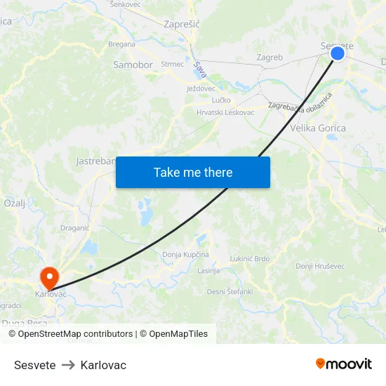Sesvete to Karlovac map