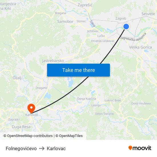 Folnegovićevo to Karlovac map