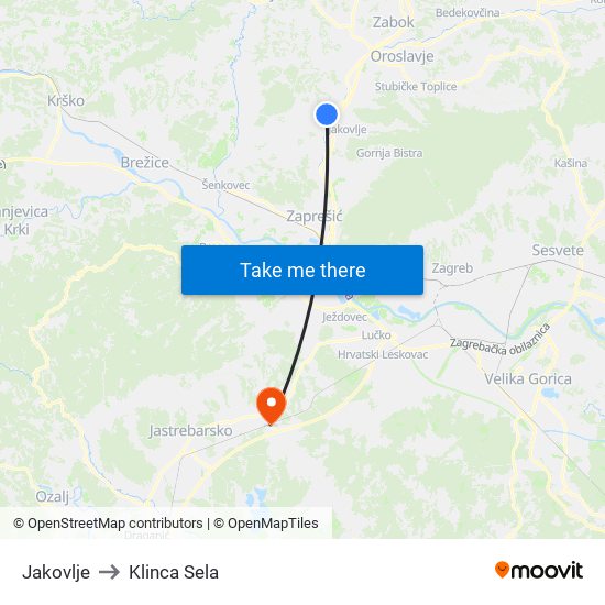 Jakovlje to Klinca Sela map