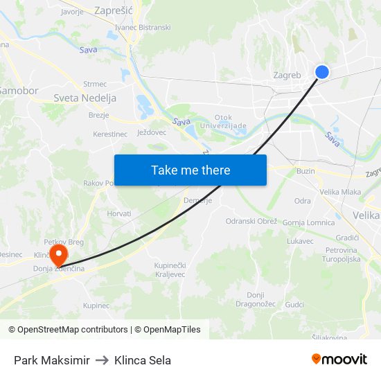 Park Maksimir to Klinca Sela map