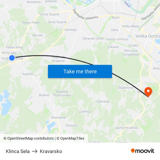 Klinca Sela to Kravarsko map