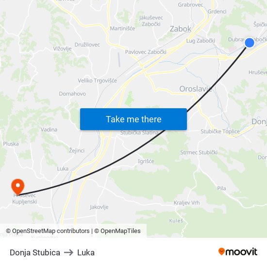 Donja Stubica to Luka map