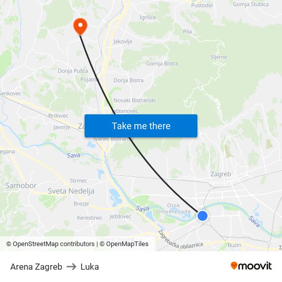 Arena Zagreb to Luka map