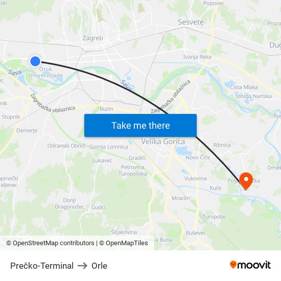 Prečko-Terminal to Orle map