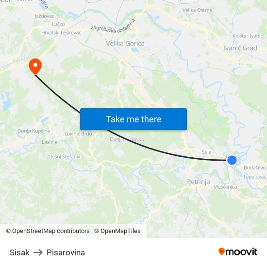 Sisak to Pisarovina map