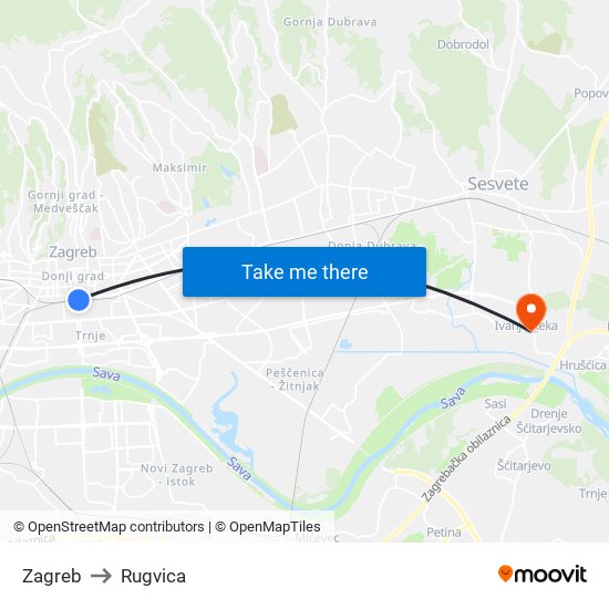 Zagreb to Rugvica map