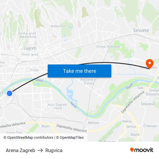 Arena Zagreb to Rugvica map