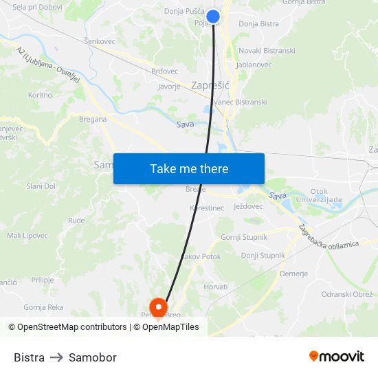 Bistra to Samobor map