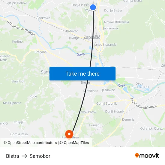 Bistra to Samobor map