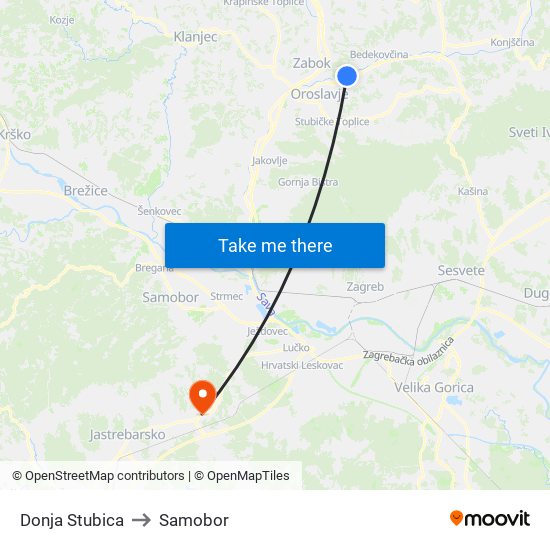 Donja Stubica to Samobor map