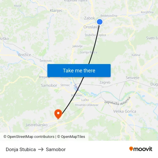Donja Stubica to Samobor map