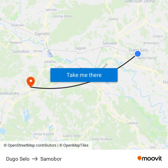 Dugo Selo to Samobor map