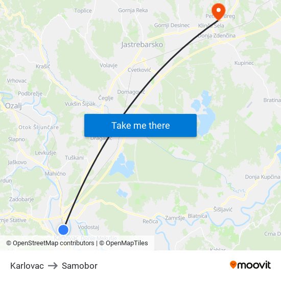 Karlovac to Samobor map