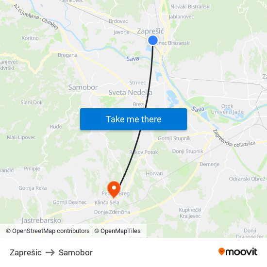 Zaprešic to Samobor map