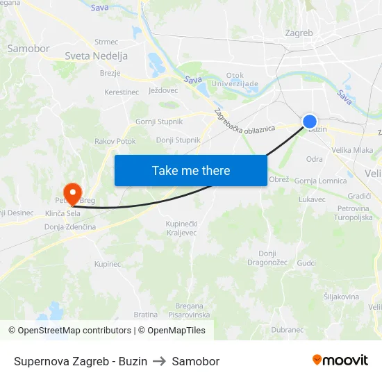Supernova Zagreb - Buzin to Samobor map