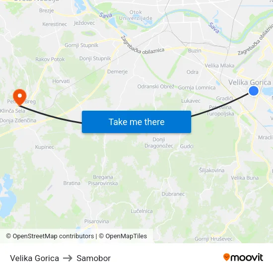 Velika Gorica to Samobor map