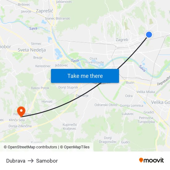 Dubrava to Samobor map