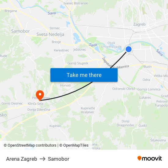 Arena Zagreb to Samobor map