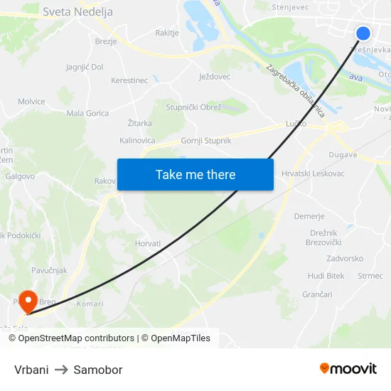 Vrbani to Samobor map