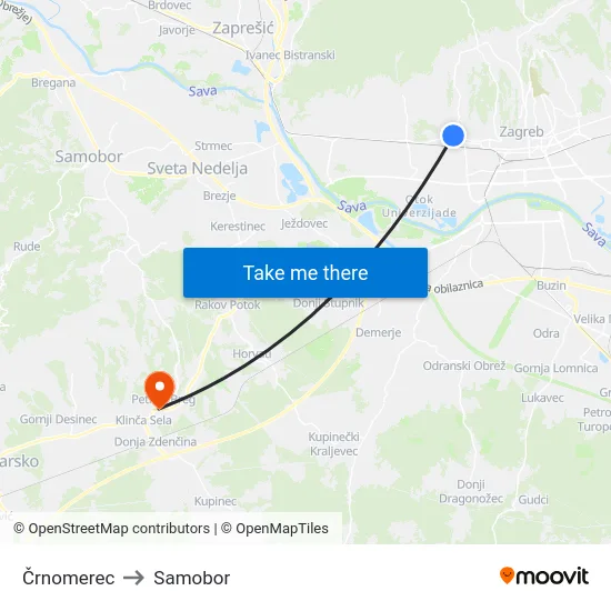 Črnomerec to Samobor map