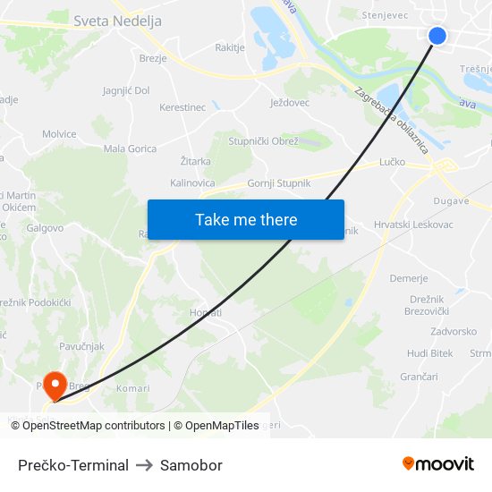 Prečko-Terminal to Samobor map