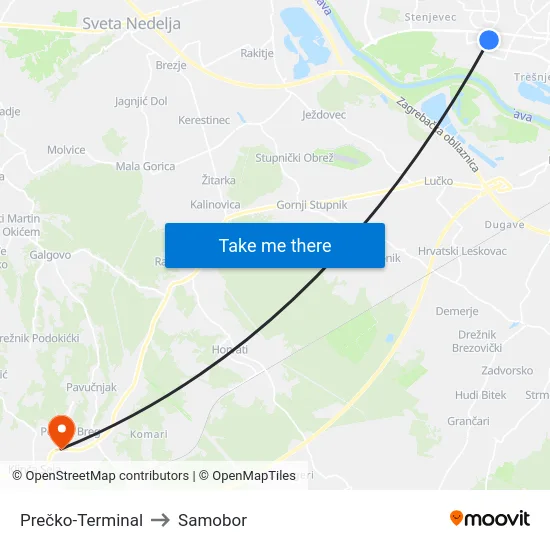 Prečko-Terminal to Samobor map