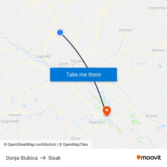 Donja Stubica to Sisak map